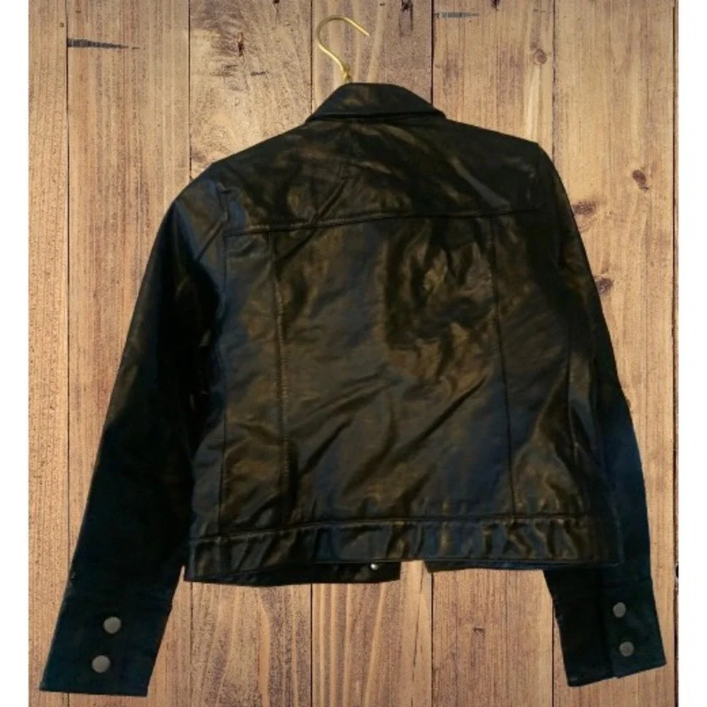 Y2K Banana Republic Black Leather Jacket Women's Size M Button Front Collar - Picture 4 of 8
